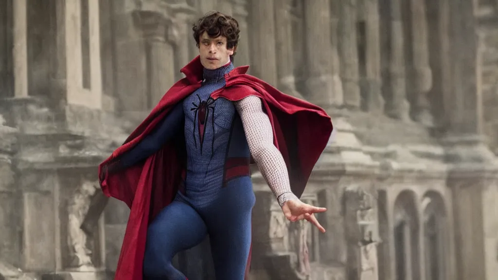 Image similar to victorian era spiderman wearing a cape in the new pride & prejudice movie, movie still realistic, 8 k