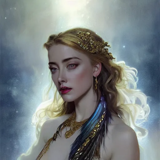 Prompt: hyperrealistic portrait of a woman as amber heard as greek goddess of the night sky wearing white swan dress wearing sapphire jewellery feather collar by jeremy mann and alphonse mucha, fantasy art, photo realistic, dynamic lighting, artstation, poster, volumetric lighting, very detailed faces, 4 k, award winning