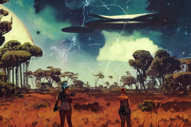 Image similar to 5 0 s pulp scifi illustration, space girl standing beside her spacecraft in english countryside, baobab trees in distance, storm cell clouds on horizon, by wadim kashin, norman rockwell, morgan weistling, earle bergey, craig mullins, ruan jia, chris foss, tyler edlin