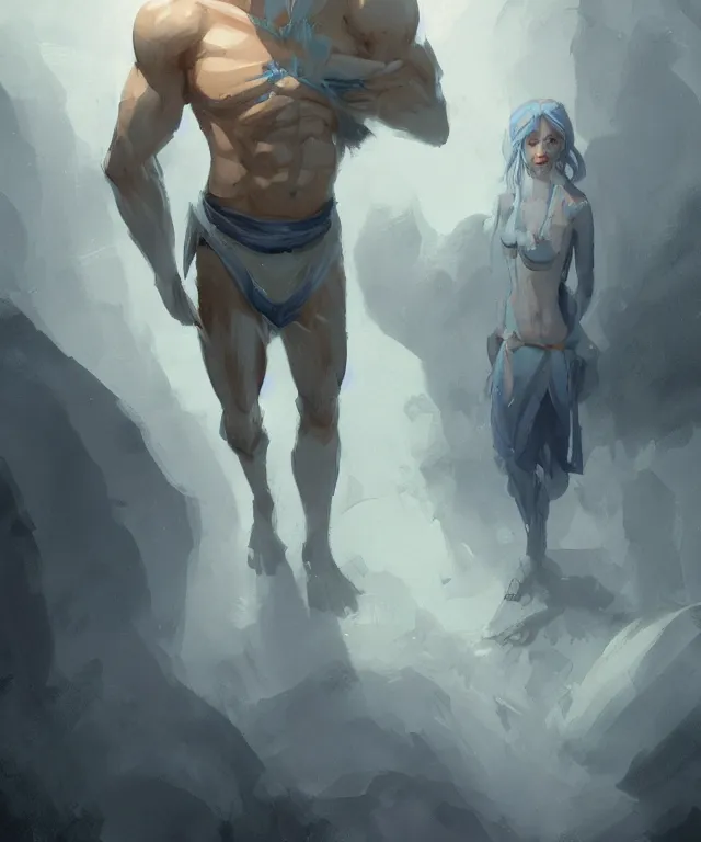 Image similar to a calm young adult male muscular slim blue elf with gey light clothes character design by greg rutkowski