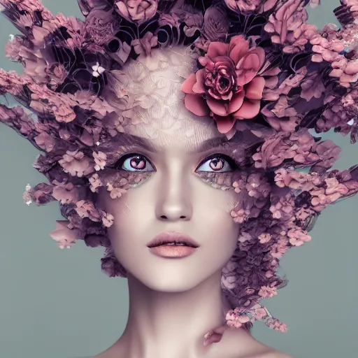 Image similar to beautiful blonde lady in a 3D flower dress , hyperrealistic, ultra detailed, octane render, symmetric, 3d, majestic, dark fantasy, intricate
