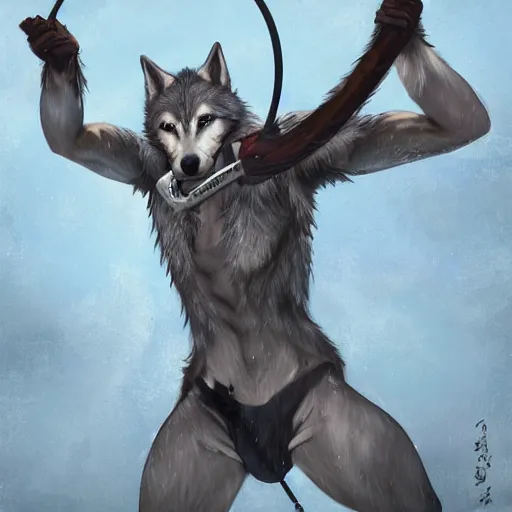 Prompt: muscular wolf archer aiming for a tree, fursona, anthro, male, detailed fur, detailed clothing, painting, makoto shinkai