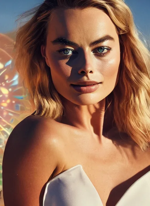 Prompt: beautiful Margot Robbie wearing a Solarpunk belt, accurate anatomy, abstract sun in background, shiny soft skin, soft lighting, sharp details, warm colors, full body portrait, 35 mm film, subsurface scattering, lens flare