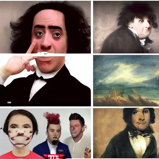 Prompt: 5 annoying youtube influencer channel thumbnails in the style of francisco goya
