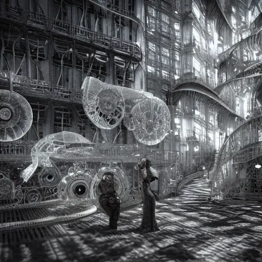 Image similar to mythical dreamy black and white organic translucent bio-mechanical overpopulated sci-fi steampunk city detail, highly detailed, intricate crystal jelly steampunk ornate, poetic, 3D render, digital art, octane render, 8K artistic photography, photo-realistic, by Dora Maar