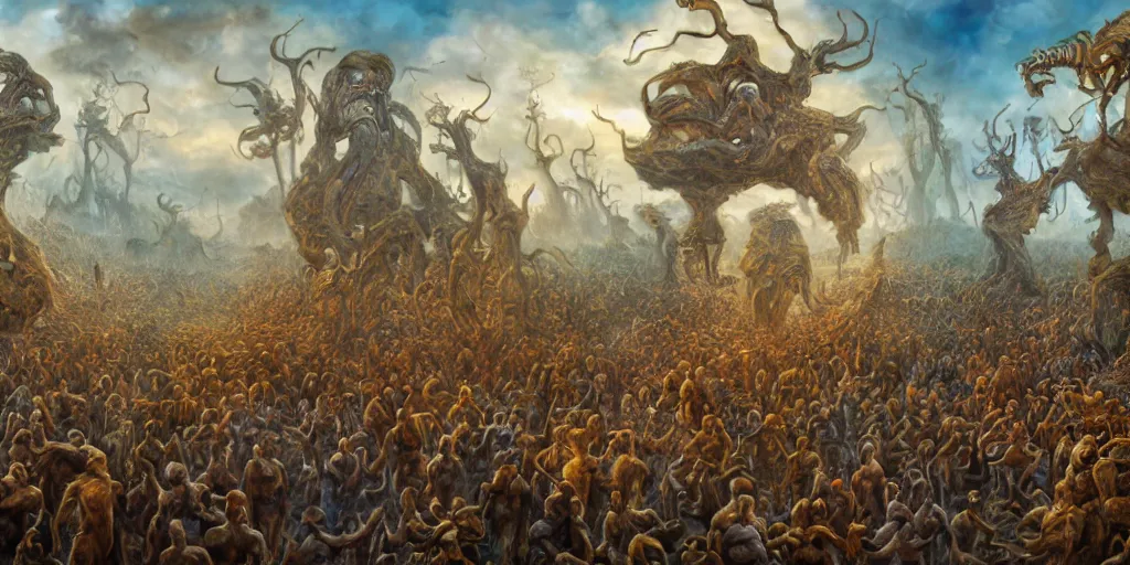 Prompt: surreal landscape oil painting of a terrifying bizarre parade deep perspective small biomorphic creatures in background large disturbing humanoids in the foreground perfect composition golden ratio epic scene unreal render hyperrealistic detail