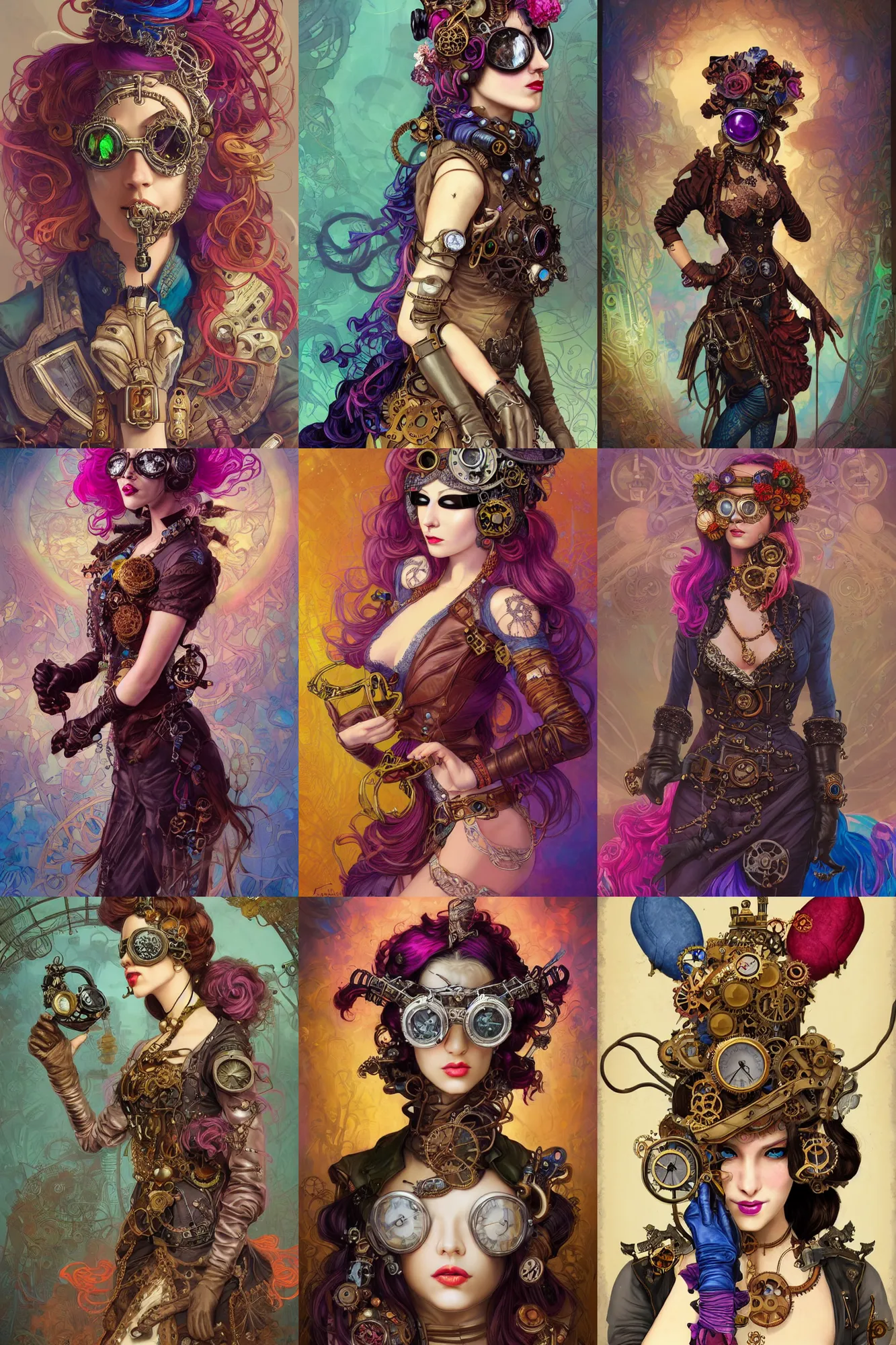 Prompt: beautiful woman, steampunk, machine gloves, venetian mask, goggles on the head, full character, character concept, long hair, full body shot, many colors, colorful, all colors, highly saturated colors, Dan Mumford, Peter Mohrbacher, Alfons Mucha, fantasy character, detailed illustration, hd, 4k, digital art, overdetailed art, concept art, trending on artstation