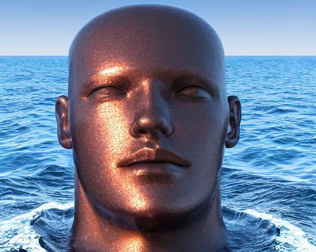 Image similar to a long shot of a giant human head award winning sculpture on the surface of the ocean, in the style of chad knight, hyper detailed, hyper realistic, ray tracing, 8 k resolution, sharp focus