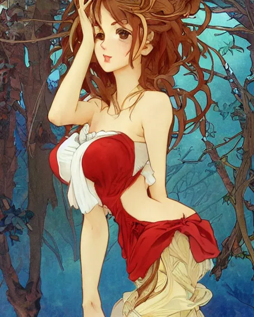 Prompt: A cute frontal fullbody painting of a beautiful anime skinny foxgirl with curly brown colored hair and fox ears on top of her head and tempting eyes wearing a cute red dress looking at the viewer, elegant, delicate, soft lines, feminine,higly detailed, smooth , pixiv art, cgsociety, artgem, art by Gil Elvgren alphonse mucha and charles reid, high quality, digital illustration, concept art, masterpiece