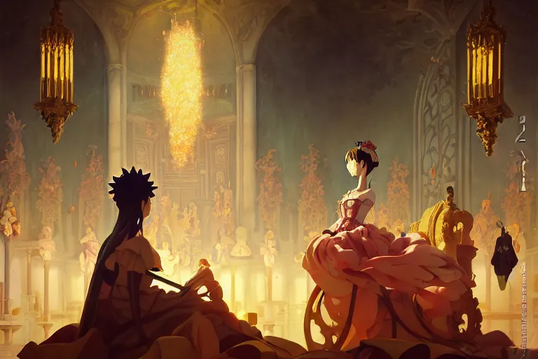 Prompt: baroque oil painting of key visual concept art of anime maid ruling as queen from extravagant throne room, brutalist, dark fantasy, rule of thirds golden ratio, fake detail, trending pixiv fanbox, acrylic palette knife, style of makoto shinkai studio ghibli genshin impact james gilleard greg rutkowski chiho aoshima