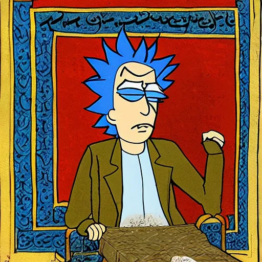 Image similar to rick sanchez of rick and morty, portrait, medieval persian illustration