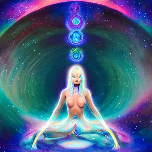 Prompt: a galaxy colored psychedelic chakra awakening kundalini ethereal portrait of kim petras with her eyes closed transcending to a higher plane of existence, eternal blessing, multiverse, by android jones, by ben ridgeway, visionary art, by artgerm, featured on artstation, cgsociety, by greg rutkowski