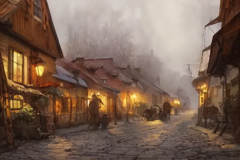 Prompt: watercolor painting of rustic village street at finland helsinki, ambient lighting and shadows, fog, art by hans dahl, by jesper ejsing, art by anders zorn, wonderful masterpiece by greg rutkowski, cinematic light