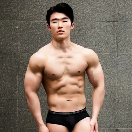 Prompt: a 2 5 year old korean bodybuilder posing in underwear