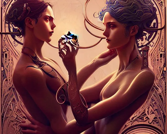 Image similar to Lovers with mechanical eyes, art nouveau, fantasy, intricate copper pipe designs, elegant, highly detailed, sharp focus, art by Artgerm and Greg Rutkowski and WLOP