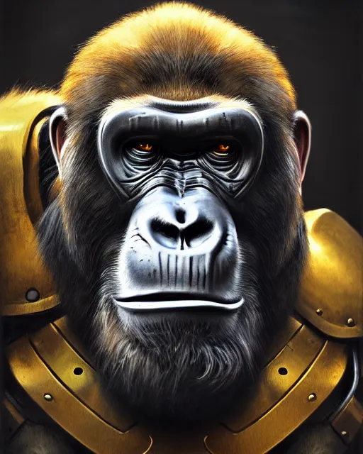 Prompt: winston the ape from overwatch, wearing armor, character portrait, portrait, close up, highly detailed, intricate detail, amazing detail, sharp focus, vintage fantasy art, vintage sci - fi art, radiant light, caustics, by boris vallejo