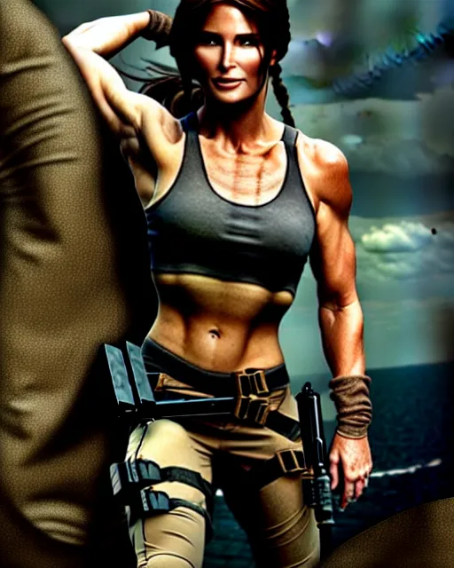 Prompt: uhd candid photo of caitlin jenner dresed as lara croft tomb raider. photo by annie leibowitz.