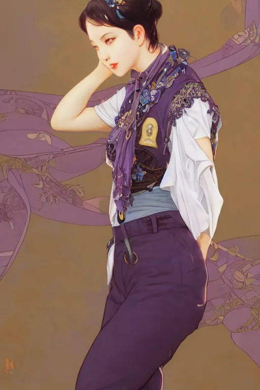 Prompt: Full View of Eunha from Viviz and gFriend with short hair wearing a purple military uniform and puffy silk shorts, white leggings, Golden Ribbon, and a billowy scarf. masterpiece 4k digital illustration by Ruan Jia and Mandy Jurgens and Artgerm and WLOP, award winning, Artstation, art nouveau aesthetic, Alphonse Mucha background, intricate details, realistic, panoramic view, Hyperdetailed, 8k resolution, intricate art nouveau