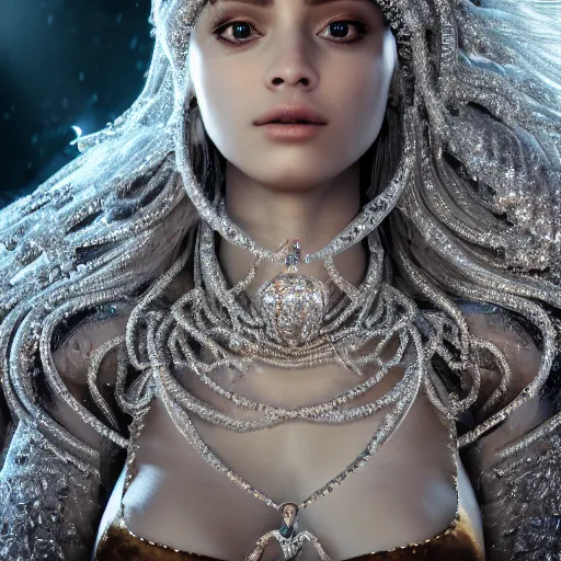 Image similar to full body detailed, ethereal, biomechanical, covered in diamonds and other gems glowing, highly detailed face, elegant posed, intricate, extremy detailed, beeple, cgsociety, 3 d unreal engine octane render. cinematic lighting, highly detailed 4 k art