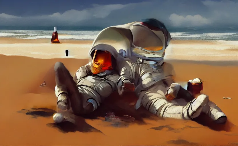 Image similar to An astronaut chilling at the beach and drinking a beer, oil on canvas by Frank Frazetta, artstation, digital art, WLOP, Mandy Jurgens