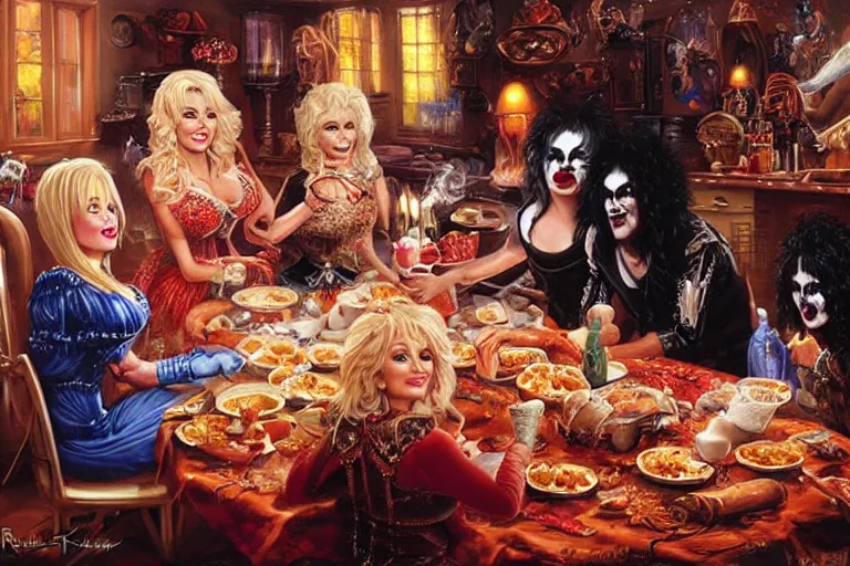 Prompt: dolly parton having a spaghetti dinner with paul stanley in kiss makeup, an oil painting by ross tran and thomas kincade