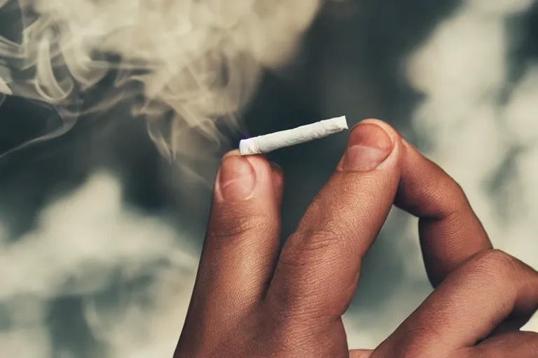 Image similar to Close-up of thin soft hand holding cigarette with smoke, hyper realistic, high details, photo, super resolution