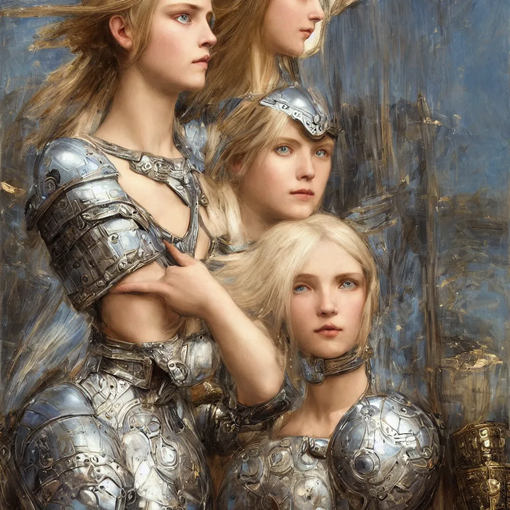 Image similar to armored beautiful pale platinum - blonde young woman with light blue eyes, soft gaze, a golden round halo around her head, wearing a fine decorated silver breastplate, painted by john william waterhouse : : 0. 5, epic fantasy, masterpiece, portrait, fine art, digital art, detailed, ultra - hd, cinematic, volumetric, intricate