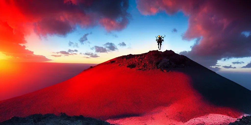 Image similar to amazing landscape photo of a scuba diver!!! standing on the volcano crater at sunrise by Charlie Waite and Marc Adamus beautiful dramatic lighting, surrealism