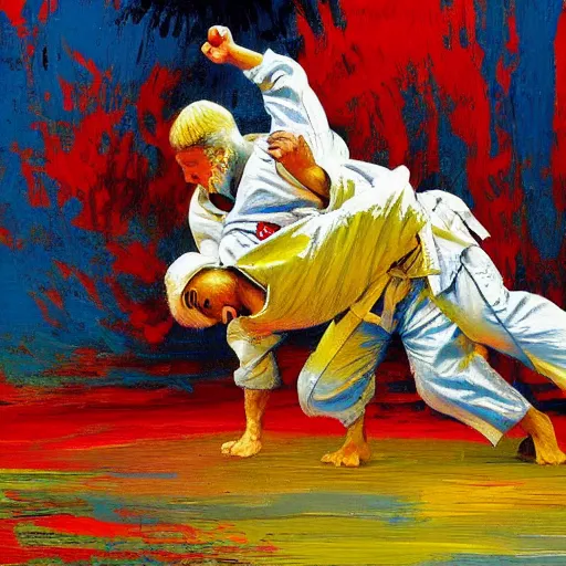 Prompt: judo by leroy neiman, intricate, ultra detailed painting, atmospheric lighting, golden hour