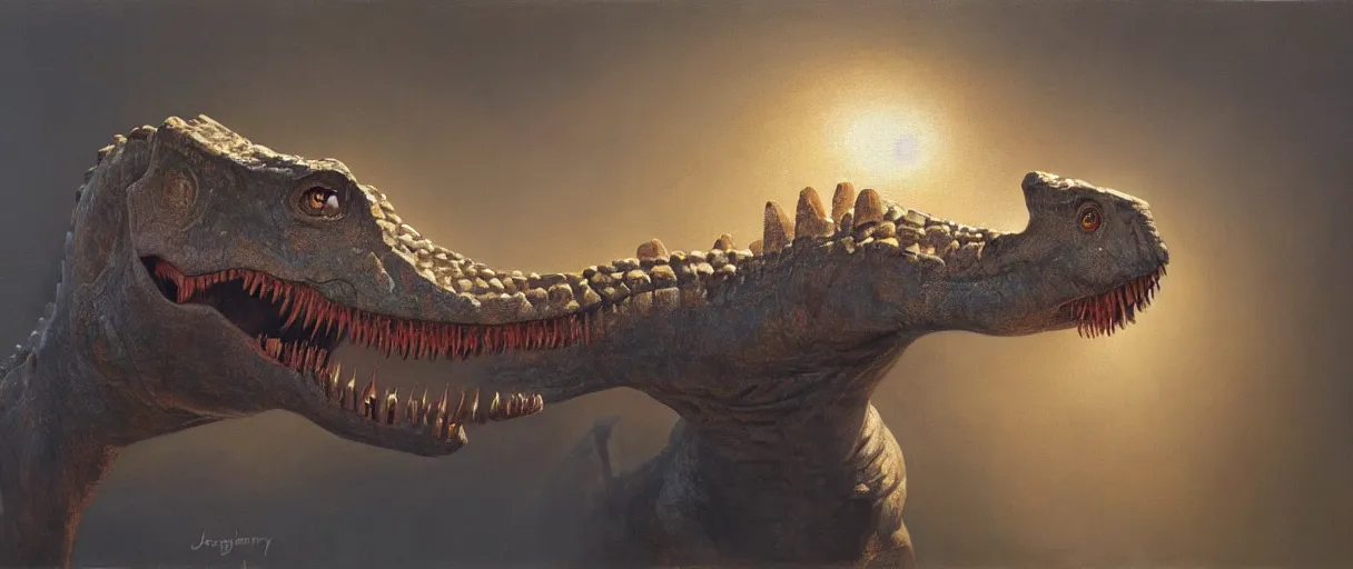 Image similar to oil painting of a dinosaur on canvas, by James gurney, realism, warm lighting, award winning, high detail, professional, volumetric lighting