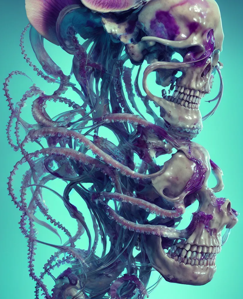 Image similar to goddess close - up portrait human skeleton, ram skull, squid phoenix jellyfish, orchid, betta fish, bioluminiscent, intricate artwork by tooth wu and wlop and beeple. octane render, trending on artstation, greg rutkowski very coherent symmetrical artwork. cinematic, hyper realism, high detail, octane render, 8 k