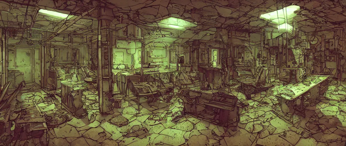 Prompt: abandoned laboroatory from cold war era faded out colors place mosquet painting digital illustration hdr stylized digital illustration video game icon global illumination ray tracing advanced technology that looks like it is from borderlands and by feng zhu and loish and laurie greasley, victo ngai, andreas rocha, john harris