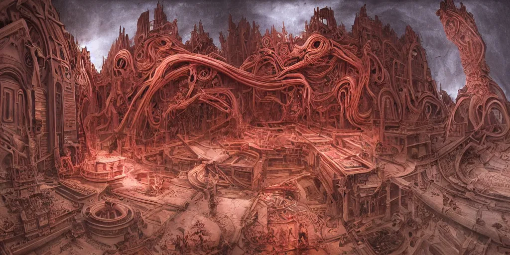 Image similar to scifi red clay alien eldritch demonic baroque rococo gothic architecture in hell, babylonian, ziggurat, zaha hadid, beksinski, giger, arrivabene exterior,, machines, artificial intelligence, ribbon chapel,, highly detailed, futuristic landscape, beautiful, city, drone point of view, atmosphere, masterpiece, epic lighting, bright, cinematic