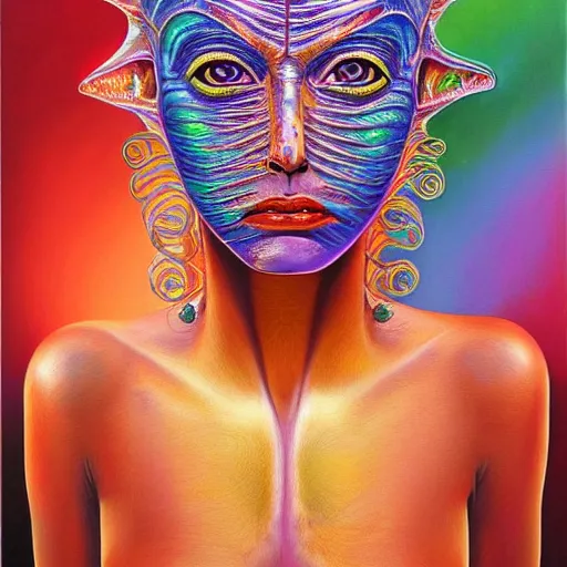 Image similar to a hyper realistic painting of an alien princess, metal headdress, by alex grey, highly detailed, vivid color,