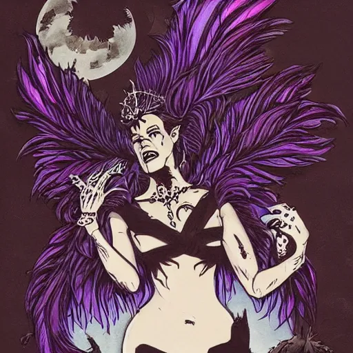 Image similar to Jennifer Connelly as dark fae gothic atompunk evil Disney villain queen with black feather hair, feathers growing out of skin, shedding feathers, in front of space station window, Mike mignola, trending on artstation, comic book cover, illustration