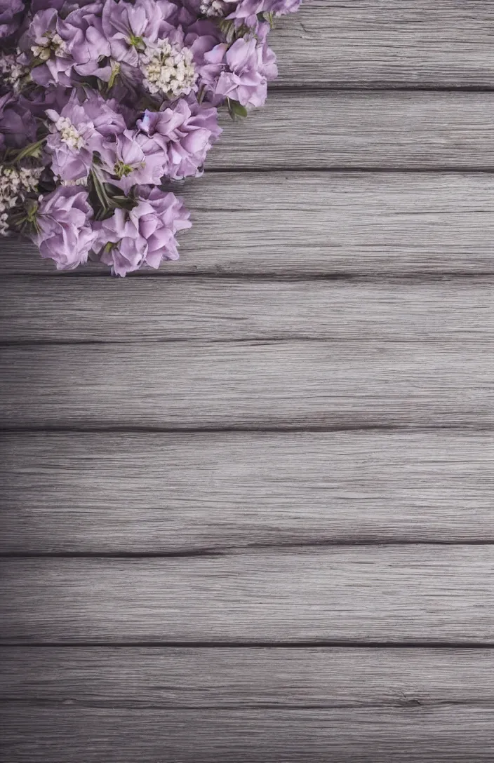 Prompt: light and clean soft cozy background image with soft, light - purple flowers on pale gray clean rustic boards, background, cottagecore, photorealistic, backdrop for obituary text