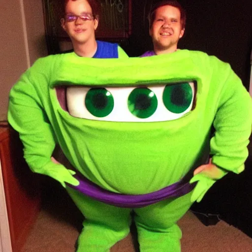 Prompt: giant floating mike wazowski goes as shrek for halloween.