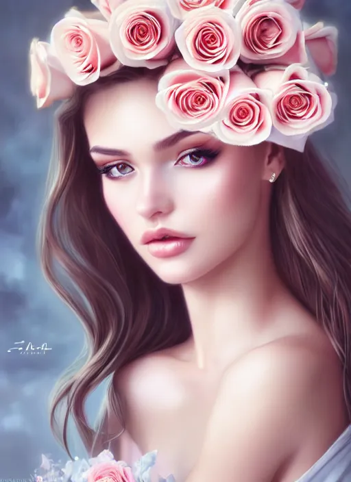 Image similar to a gorgeous female photo, professionally retouched, soft lighting, holding a bouquet of roses, realistic, smooth face, perfect eyes, wide angle, sharp focus on eyes, 8 k high definition, insanely detailed, intricate, elegant, art by artgerm