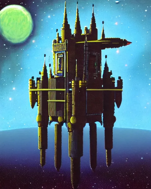 Image similar to a castle in outer space in the style of chris foss and rodger dean