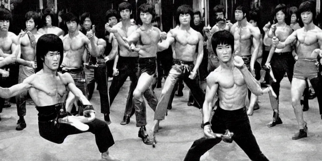 Prompt: bruce lee holding his nunchucks in a hall of mirrors, hyperreal, in the style of enter the dragon