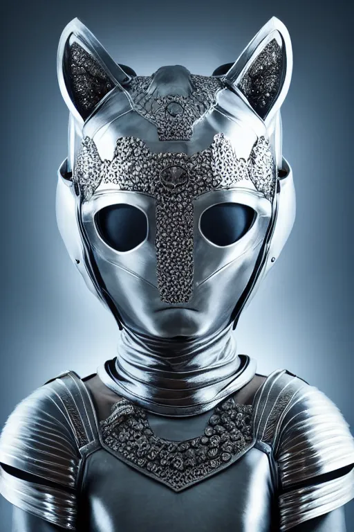 Prompt: female knight wearing a real cat on her head, armor designed by wayne barlowe, swarovski and tiffany, blonde hair, symmetry, sci - fi, cinematic, elegant, luxury, perfect light, perfect composition, dlsr photography, sharp focus, dark fantasy, 4 k, ultra hd, sense of awe, highly detailed, realistic, intricate