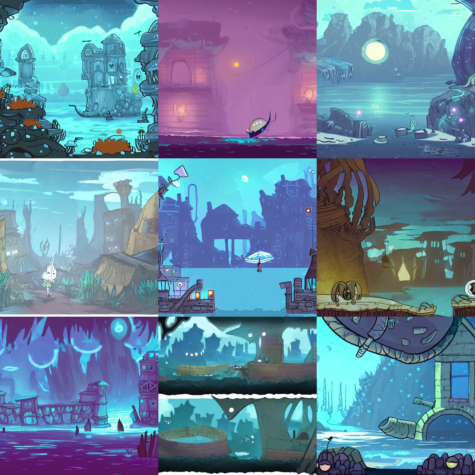 Prompt: background art for a 2d side scroller adventure game set in an underwater town inspired by hollow knight and night in the woods