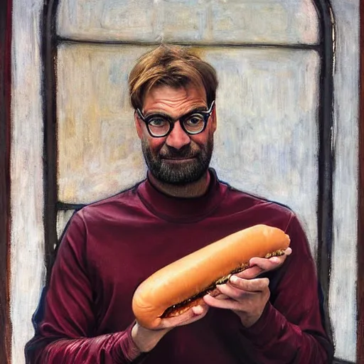 Image similar to jurgen klopp holding hot dogs, portrait by john william waterhouse and edwin longsden long and theodore ralli and nasreddine dinet, oil on canvas. cinematic, vivid colors, hyper realism, realistic proportions, dramatic lighting, high detail 4 k