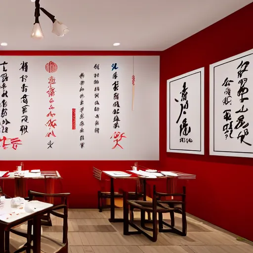 Image similar to a beautiful simple interior render of roasted string hotpot restaurant restaurant yan'an, wall corner, from china, red paper wall and white tile floor, white porcelain table, with merchant logo, fine simple delicate structure, chinese style, simple composition, simple style structure decoration design, victo ngai, 4 k hd