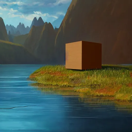 Prompt: largely animated black cube sits in the air, levitating above a pristine lake with a background of residual peaceful mountains, robustly intricate oil painting, 4 k quality, trending on artstation