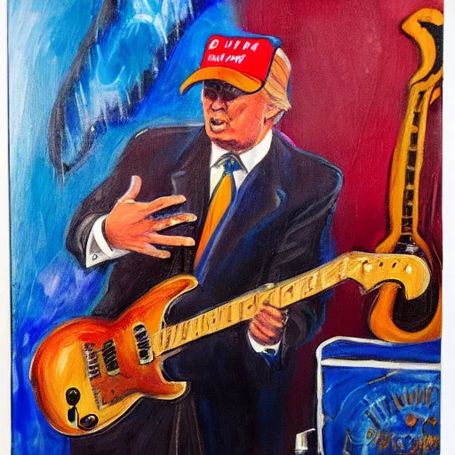 Prompt: Donald Trump as a blues musician playing electric guitar at a jam in a dive bar, passionate facial expression, feeling the music, artistic painting