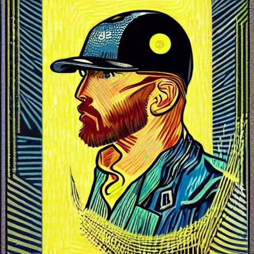 Prompt: Illustrated by Shepard Fairey and H.R. Geiger | Cyberpunk VAn Gogh with VR helmet, surrounded by cables