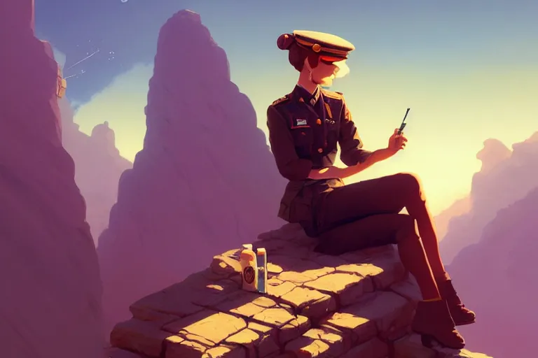 Image similar to a painting of a military woman sitting on a cliff, smoking a cigarette, a character portrait by rhads, makoto shinkai and lois van baarle, ilya kuvshinov, rossdraws global illumination and tom bagshaw, cg society, fantastic realism, intricate, detailed