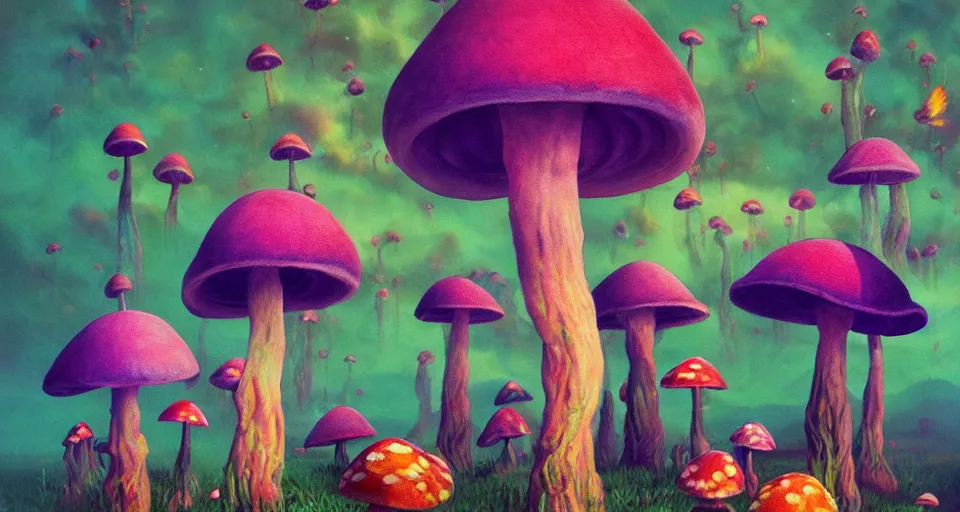 Image similar to a beautiful painting of trippy mushrooms by Tokio Aoyama, Mario Martinez, David Normal. photorealistic, trending on artstation, dramatic lighting, 8K, fantasy beautiful, surreal, cinematic.