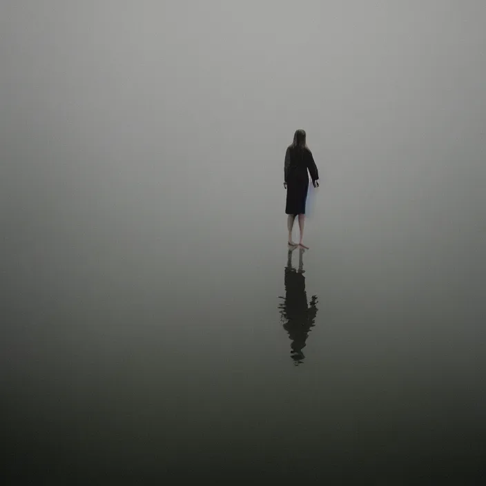 Image similar to a woman, standing in shallow endless water, foggy, backlit, backlit, photo by Marat Safin, Canon EOS R3, f/1.4, ISO 200, 1/160s, 8K, RAW, unedited, symmetrical balance, in-frame